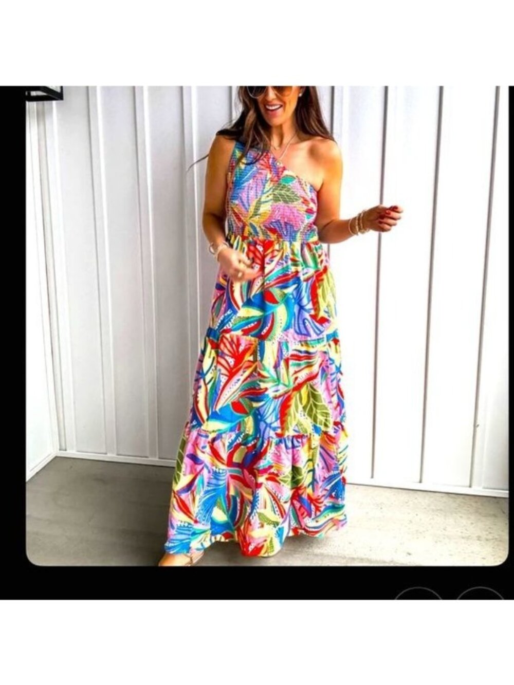 Colorful One-Shoulder Maxi Dress with Vibrant Tropical Print Size Medium